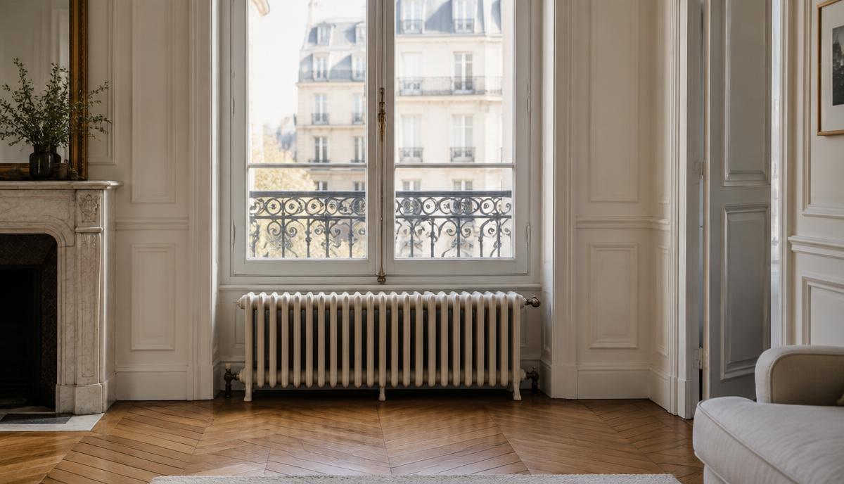 Radiateur en fonte sous une fenêtre d’appartement parisien avec parquet à chevrons